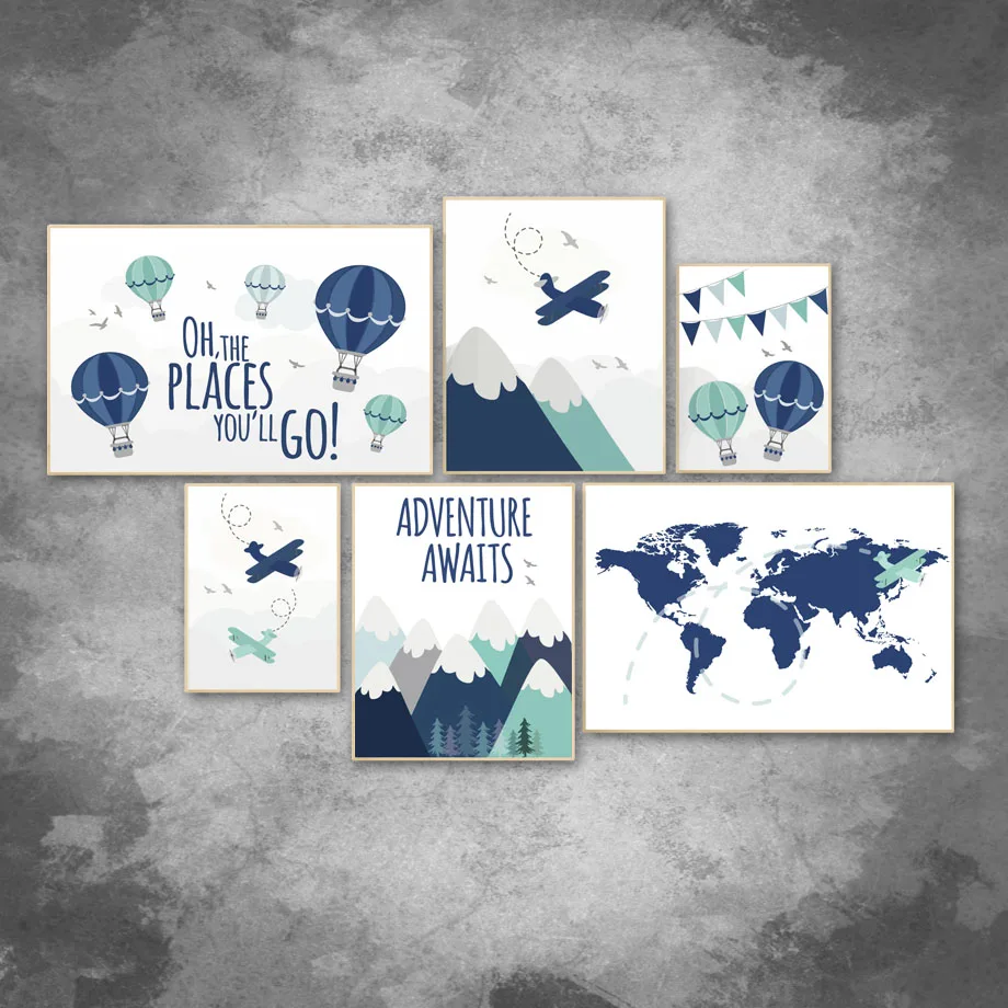 Wall-Art-Canvas-Painting-Cartoon-Plane-Hot-Air-Balloon-World-Map-Nordic-Posters-And-Prints-Wall (2)