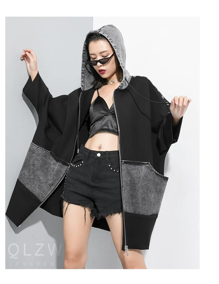 Popular Brand Autumn Clothing New Style Joint Denim Windbreaker Hooded Metallic Decoration Cool Loose-Fit Coat 190261
