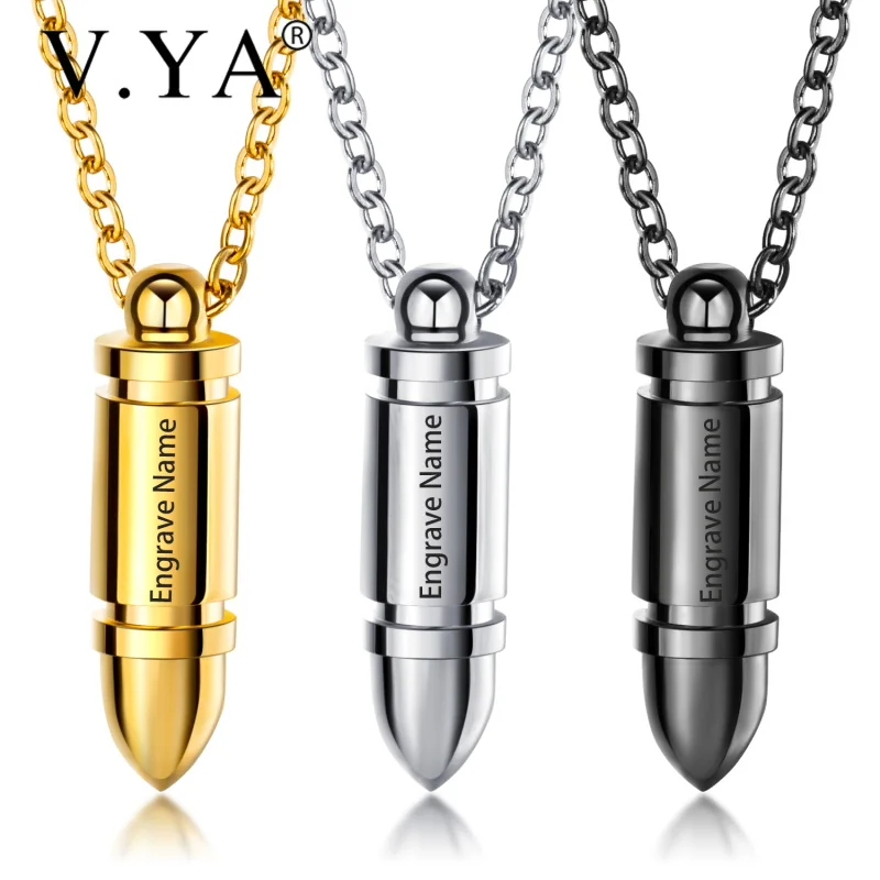 V.Ya Customized Punk Bullet Pendant For Men Stainless Steel Engraved Name Necklaces Male Unique Gift Dropshipping 3 Colors |