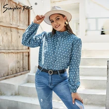 

Simplee Plus Winter thicken dots large size shirt women Elegant ruffle shirt 4XL Long sleeve single breasted oversize blouse