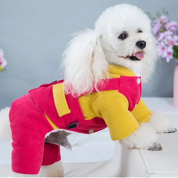 

Autumn and Winter Dog Clothes Thick Warm Four-Legged Cotton-Padded Clothes Fashion Stitching Pet Rompers Dog Clothes
