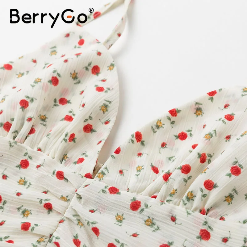 BerryGo сексуальный укороченный топ на бретельках, Женский винтажный топ с рюшами, женские летние топы на бретельках, богемный цветочный принт, v-образный вырез, рубашка, Топ