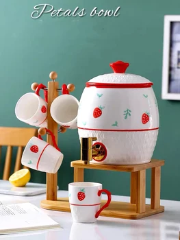 

Large Capacity Cold Water Pitcher Ceramic Coffee Tea Cup Set Wood Holder Stainless Tap Heat Resistant Lemon Juice Barrel Drinkwa