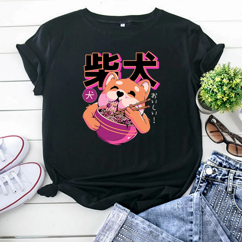 Funny Kawaii Lovely Shiba Cartoon Image Woman Tshirts Roud Neck Cotton T-Shirt For Women Harajuku Fashion Short Sleeve Tops