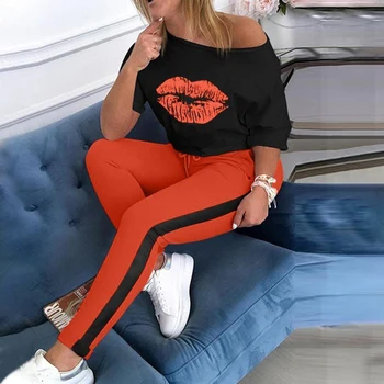 

5XL Women Lip Print Sexy Shoulder Tracksuit Sets Boat Anchor Print Tops Two Piece Set Female Elastic Waist Long Pants Sets