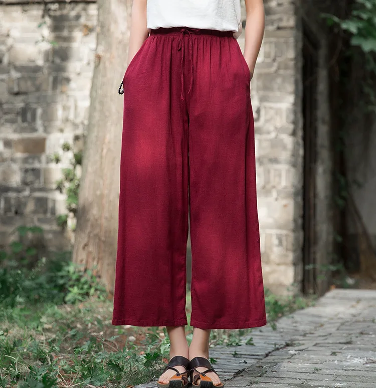 Johnature 2020 Autumn Women New Retro Elastic Waist Cotton Linen Lace Up Wide Leg Pants Loose Casual All-match Ankle-length Pant