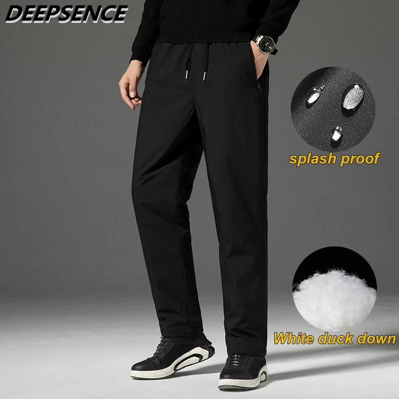 

Мужские зимние Пуховые брюки, теплые водонепроницаемые мужские уличные повседневные домашние свободные прямые брюки с карманами и завязками для мужчин, одежда