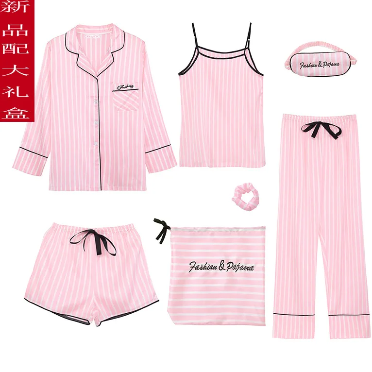 

Pajamas Women's Spring And Autumn Summer Seven Sets of Long Sleeve Shorts Camisole Stripes Ice Silk Homewear Set Pajamas Women's