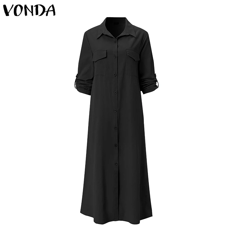 VONDA, женское осеннее длинное платье макси, модные женские туники на пуговицах, платье-рубашка с длинным рукавом, вечерние платья размера плюс, женское платье - Цвет: Black