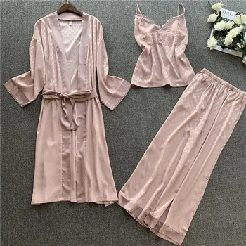 

Smmoloa V Neck Spring Autumn Silk Pajamas for Woman Sexy women Lace pajamas Set Three-piece Suit