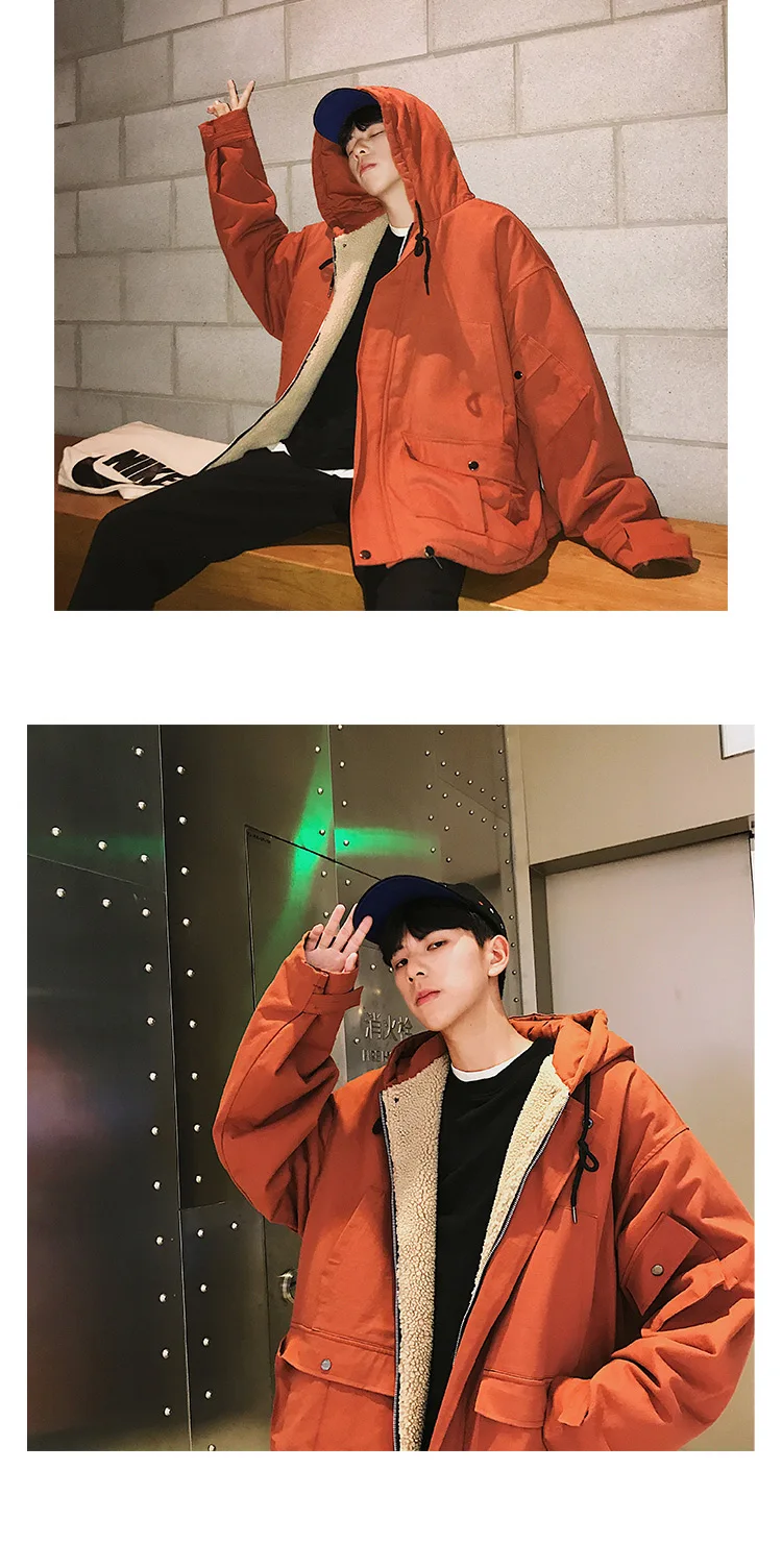 Korean Loose Men's Oversize Jacket Autumn Winter Hooded Cotton Coat Wool Liner Men Coats Warm K098