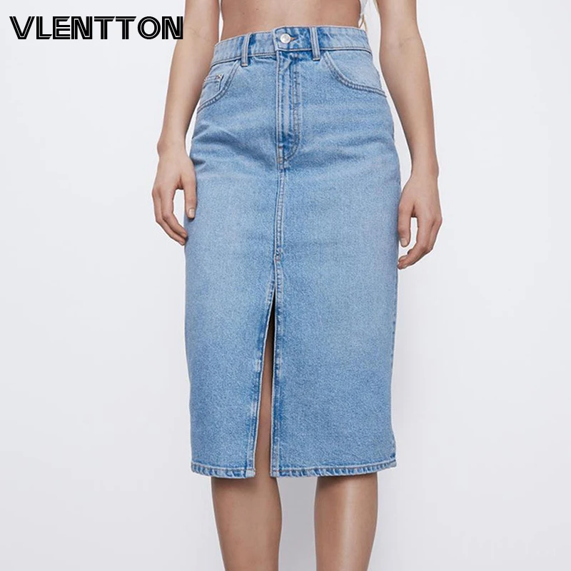 

Spring Autumn Black Blue Sexy Split Women's Straight Denim Skirt High Waist Solid Midi Jeans Skirts Saia Faldas Mujer Moda 2020