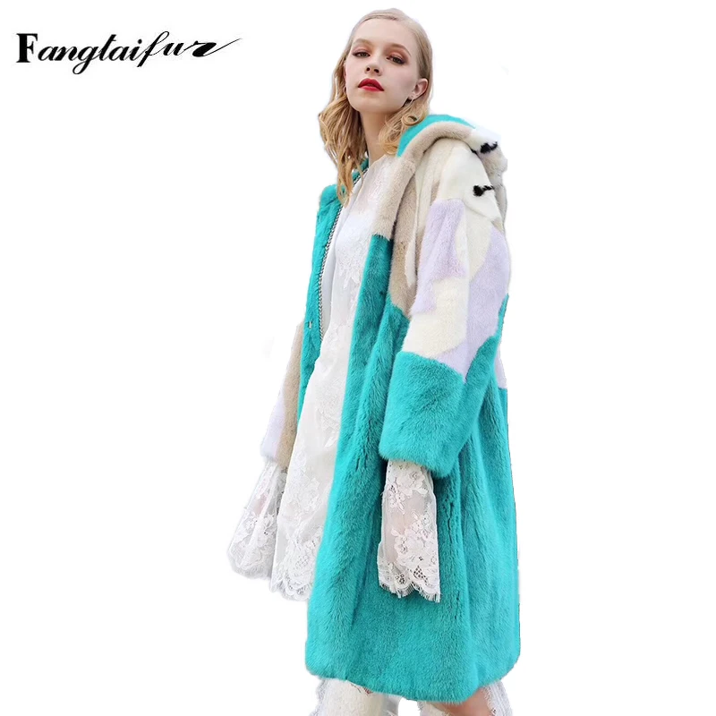 

Fang Tai Fur 2019 Winter Velvet Mink Fur Overcoats For Femal With Fur Hood Patchwork Slim Mink Coat Women's Long Real Fur Coats