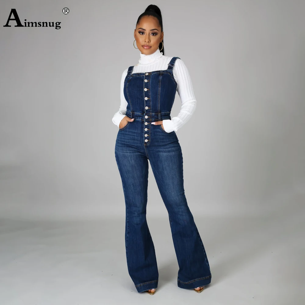 Aimsnug Plus Size Women Fashion Jeans Demin Jumpsuit Sexy Flare Pants Dark Blue Denim Bodysuits 2021 Single-Breasted Overalls