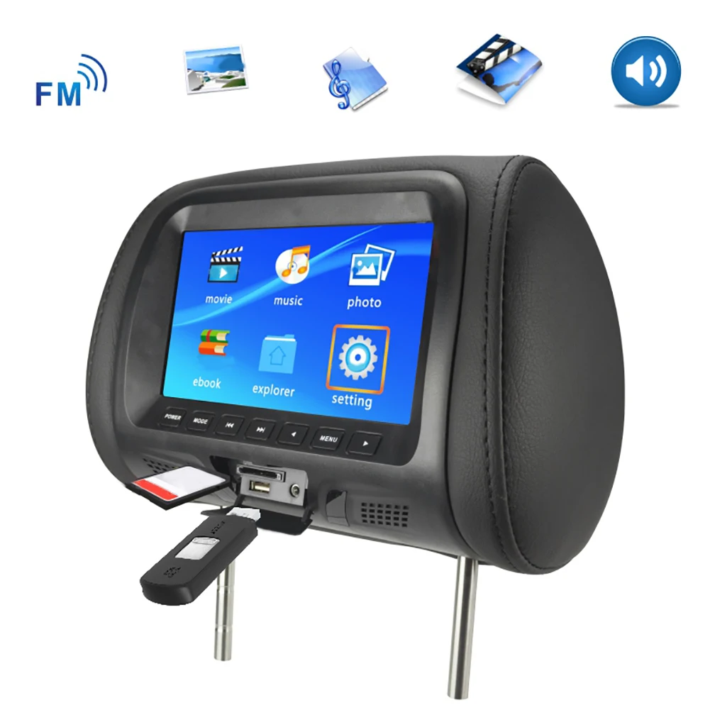 Universal 7" touch screen 1024*600 Car Headrest monitor MP4 MP5 player Pillow Monitor Support AV