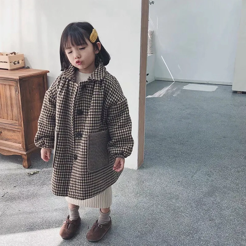 

Girls Woolen Jacket Mid-length Overcoat Winter New Style Korean-style Childrenswear Retro Plaid Children Trench Coat