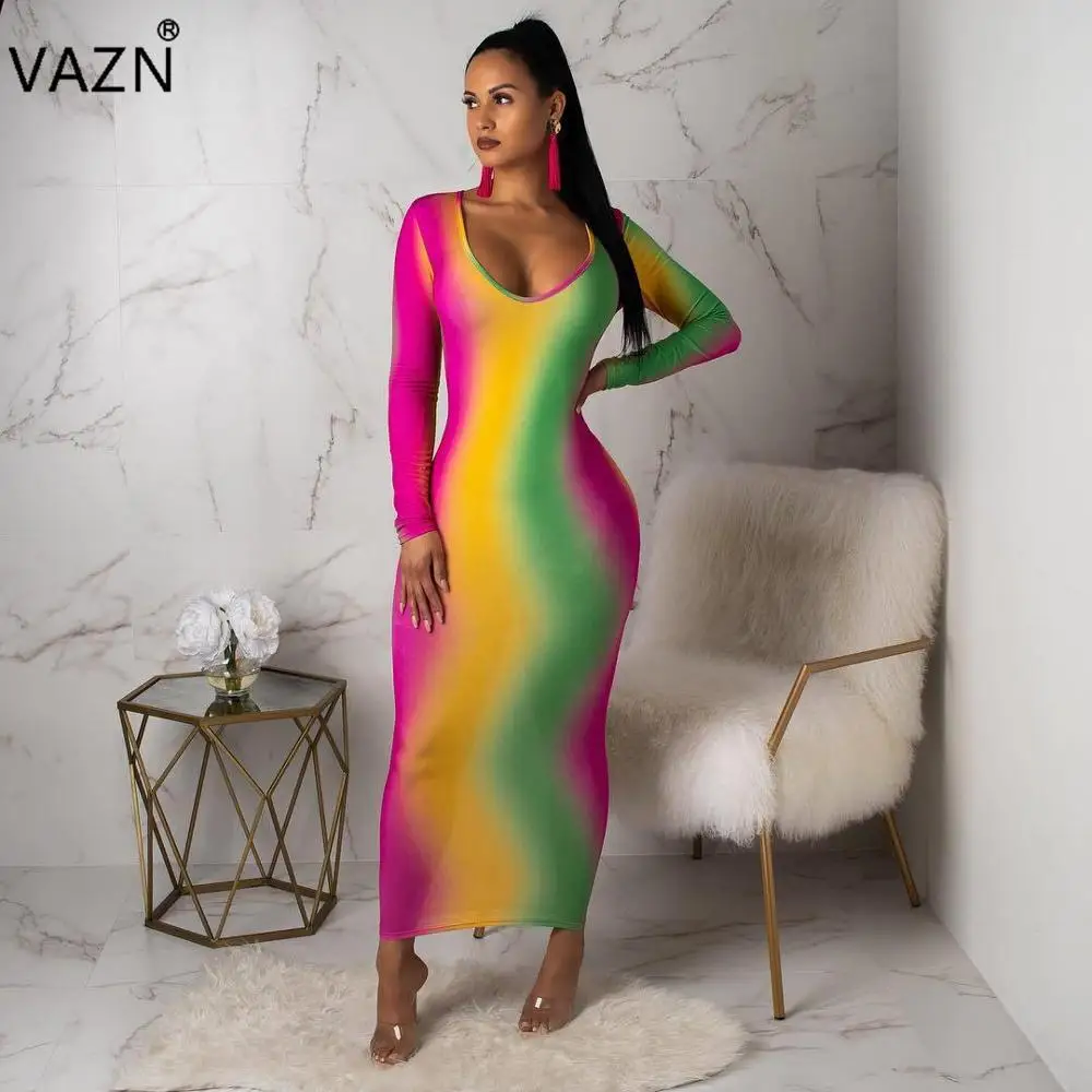 

VAZN 2019 Summer New Arrival Sexy Women Dress Color Print O-neck Full Sleeve Night Club Ladies Maxi Dress YC1720