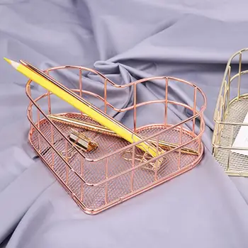 

Heart Shape Storage Basket Table Cosmetics Organizer Holder Fashionable Iron Basket Lattice Nordic Rose Gold Domestic
