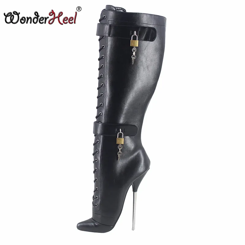 Женские Балетные сапоги Wonderheel черные до колена из матовой кожи на каблуке