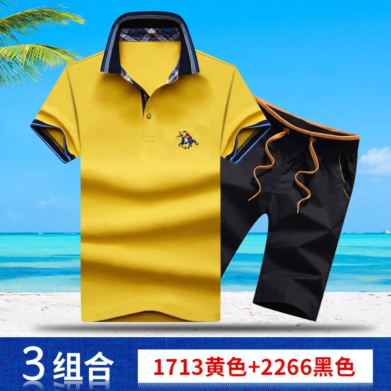 AZ-1713 yellow 3 Aismz Мужская спортивная одежда повседневные спортивные костюмы мужские Moletom Masculino Летние наборы вышивка поло топы футболки+ шорты мужские s комплект - Цвет: AZ-1713 yellow 3