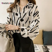 

TWINFLAMES Vintage Print Shirts Women Button Up Tops Long Sleeve Plus Size 4XL Chiffon Shirt Korean Fashion White Blouse Clothes