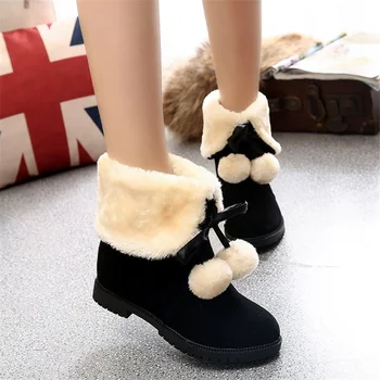 

Snow Boots Faux Fur low Heels Warm Fur Inside Solid Winter Boots Female Shoes Woman for winter shoes with thick fur botas mujer