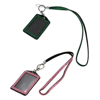

2 Pcs Rhinestone Bling Crystal Custom Lanyard Vertical ID Badge Holder (Pink&Dark Green)