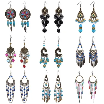 

Bohe Colorful Bohemian Earrings For Women Super Long Tassel Earring Bronze Color Beaded Vintage Drop Earings Jewelry 2020