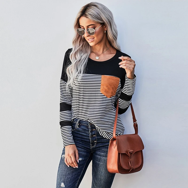 Sexy Woman T Shirts Striped Stitching Color Long-Sleeved Top Slim Slimming All-Match T-Shirt