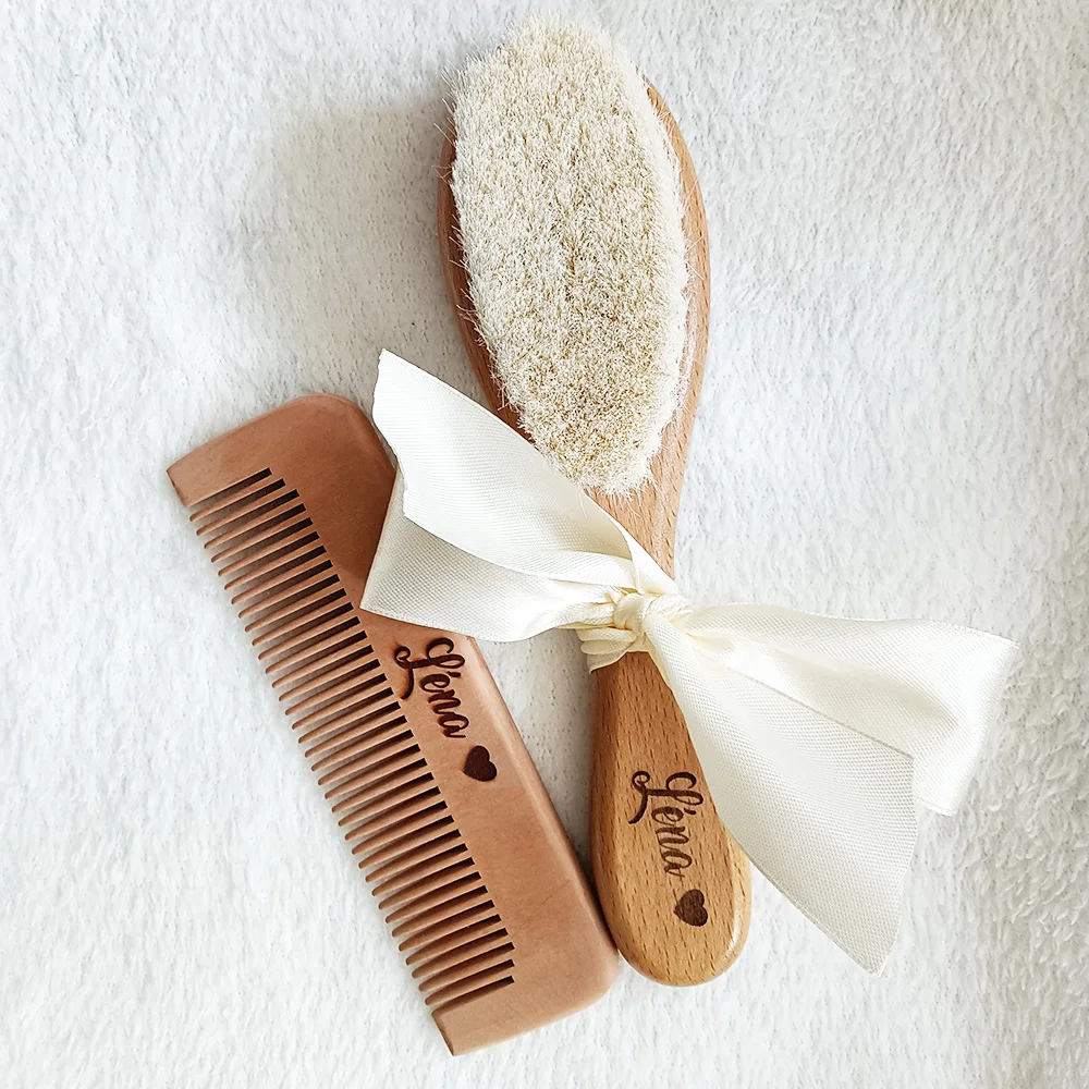 Baby Hair Brush Comb Name Baby Bathing Comb Baby Care Hair Brush Pure Natural Wool Wood Comb Newborn Massager Shower and Registry Gift