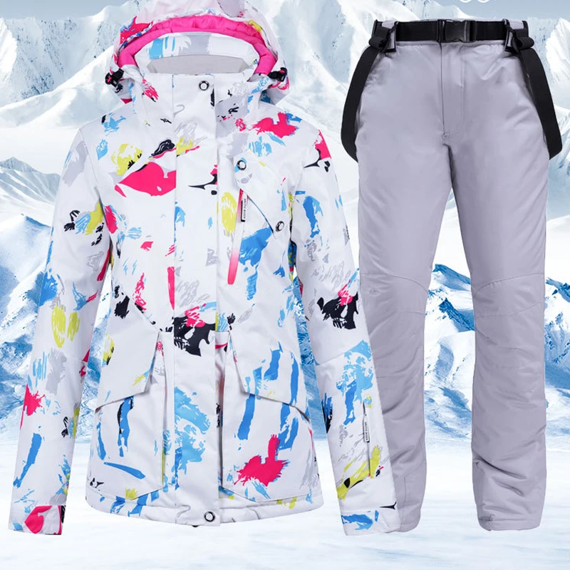 Лыжные костюмы, Женская куртка для сноуборда, ветрозащитная разноцветная лыжная куртка, комплект со штанами, зимняя уличная спортивная одежда для катания на лыжах и сноуборде
