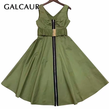 

GALCAUR Dress Women V Neck Sling Sleeveless High Waist With Sashes Plus Size Ruched Summer Dresses Female Fashion 2020 Tide