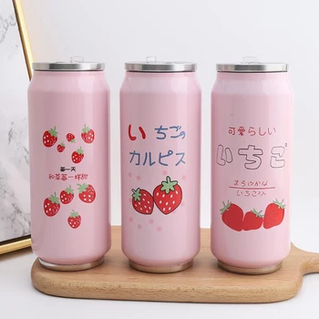 

Cute Strawberry Girly Insulated Water Bottle Stainless Steel Portable Wide Mouth Can Water Cup, 500ml, Travel Thermos Bottle
