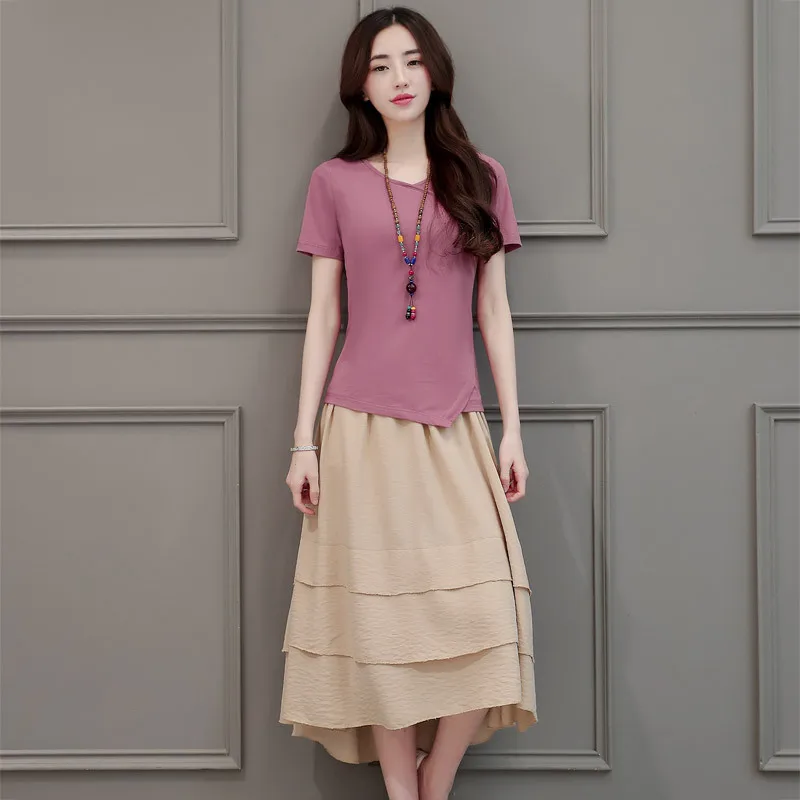

2019 Summer New Style WOMEN'S Short Sleeve Shirt Contrast Color Literature And Art Cotton Linen Dress Two-Piece Set Casual Big H