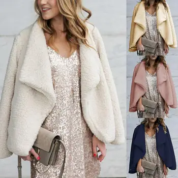 

Fashion Women Autumn Winter Polyester Solid Color Long Sleeve Lapel Collar Woolen Cardigan Short Coat winter jacket women