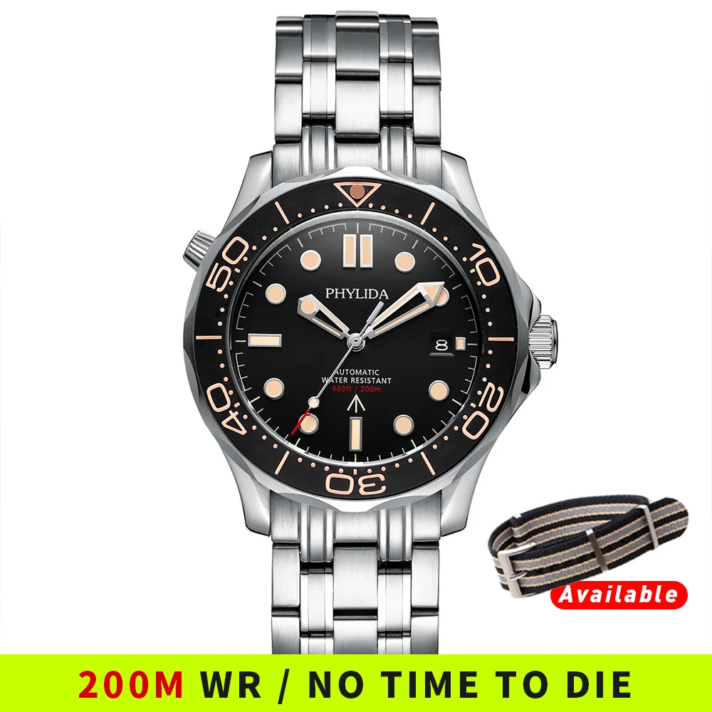 PHYLIDA черный циферблат MIYOTA PT5000 автоматические часы DIVER 007 NTTD Стиль Сапфир с
