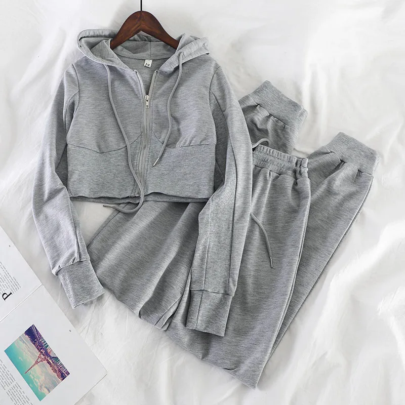 

Simple ins Korean casual hooded short jacket elastic high waist versatile pants student two-piece female