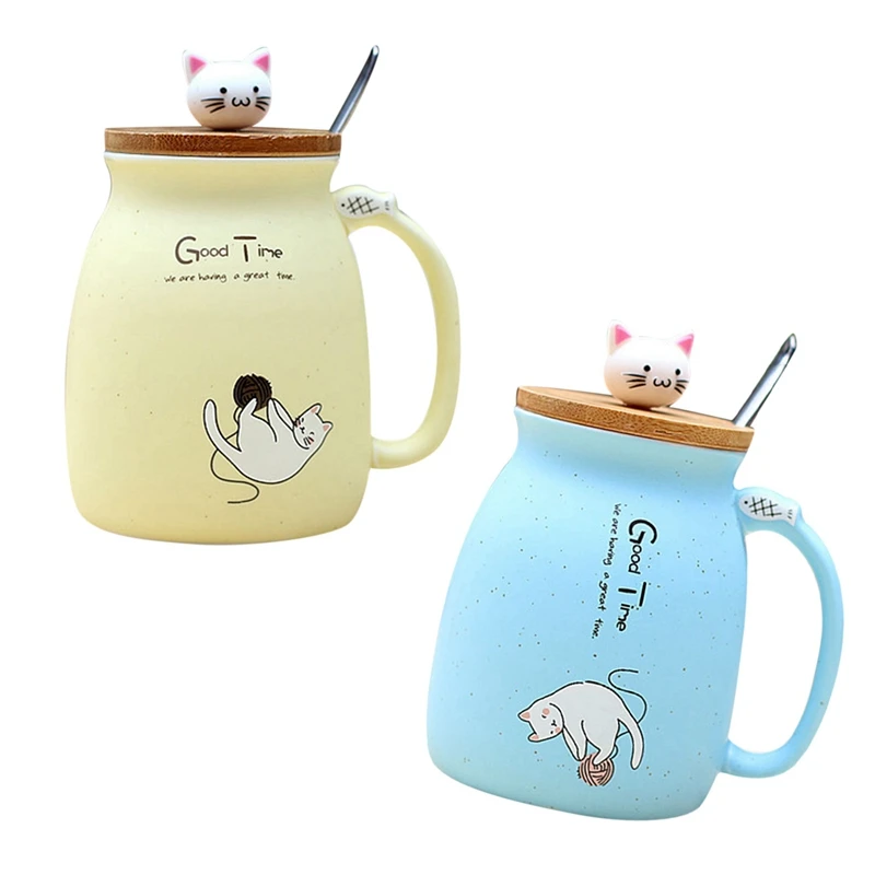 2 шт., новинка, термостойкая чашка с изображением кунжута кота, цветная мультяшная чашка с крышкой, керамическая кружка с изображением котенка, молока, кофе, детская чашка, офисные подарки-Bei