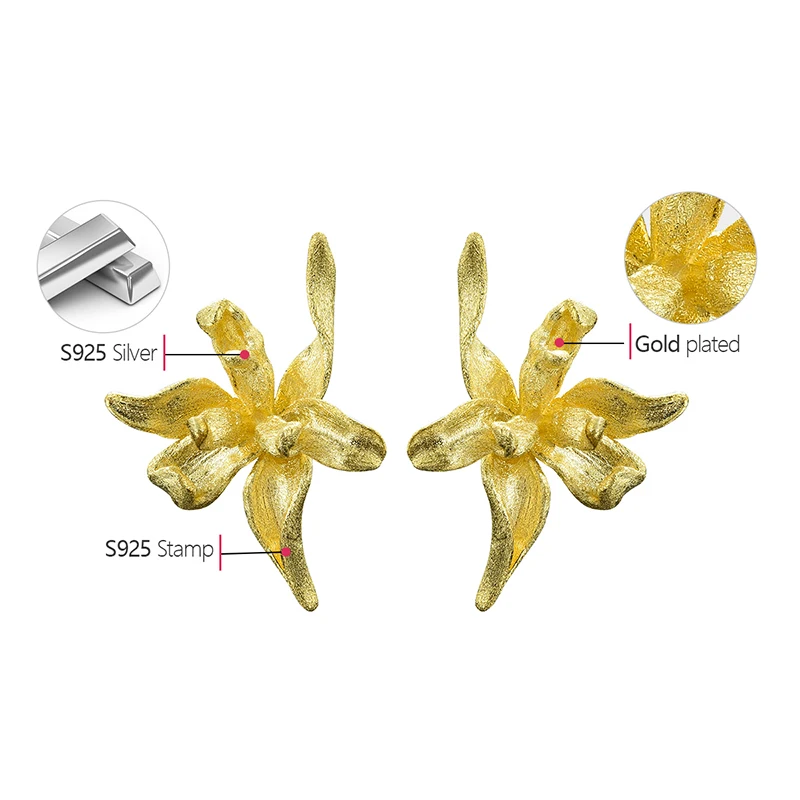 Lotus Fun Elegant Iris Flower Stud Earrings Real 925 Sterling Silver 18K Gold Earrings for Women Handmade Designer Fine Jewelry