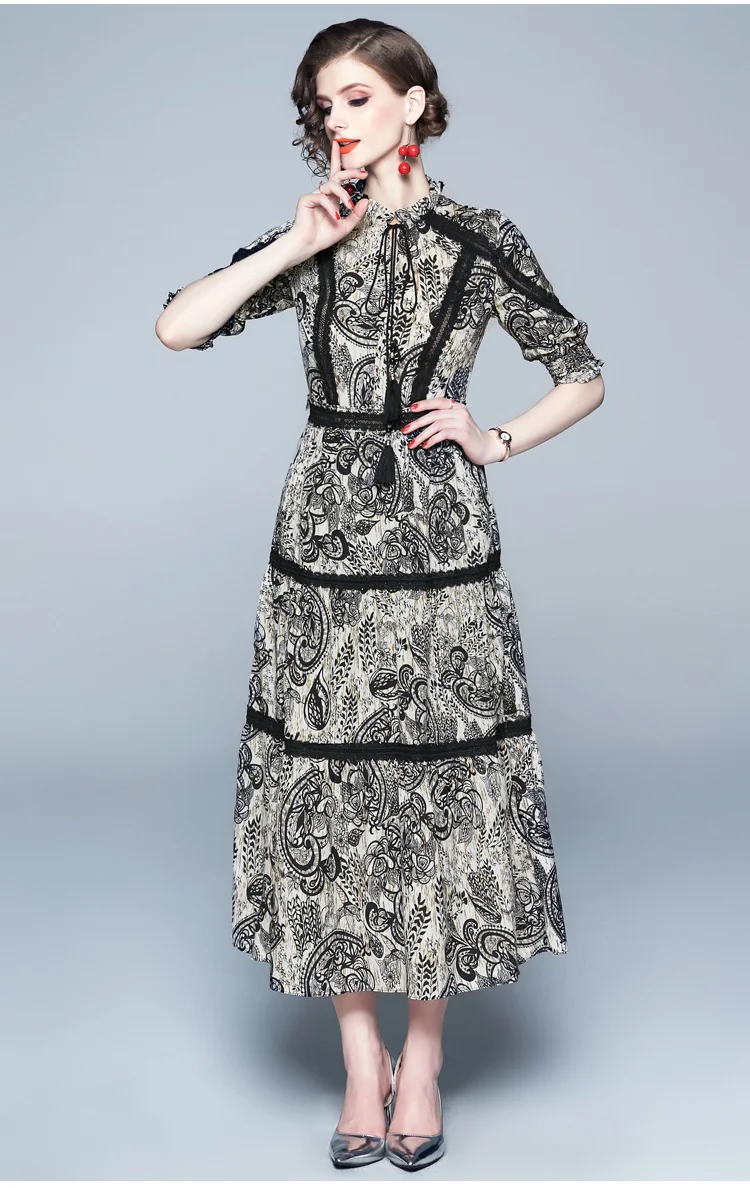 Vintage Print Lace Patchwork Chiffon Long Dress Women Summer Lace-up O Neck Half Sleeve Ladies Dresses Casual Vestidos