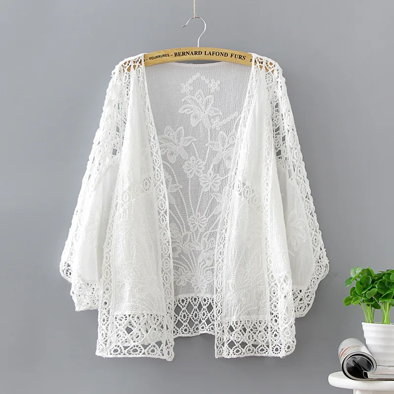 

Sun Protection Clothing Women's Beach Jacket Decorative Pattern Embroidered Travel Thin Cardigan Outdoor Hollow out Breathable C