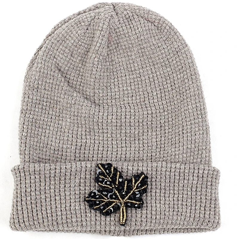 Geebro, кашемировая шапочка для взрослых, аксессуары с кленовыми листьями, осенне-зимняя теплая шапка с манжетой, взрослые шапочки, шапка с черепом - Цвет: black khaki