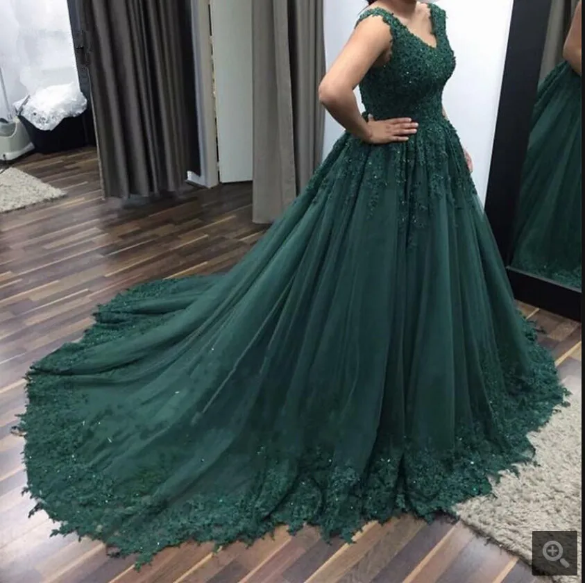 Robe de soiree, темно-зеленое бальное платье с кружевной аппликацией, расшитое бисером, платье для выпускного вечера, милое Пышное элегантное платье принцессы с v-образным вырезом 16, горячая Распродажа