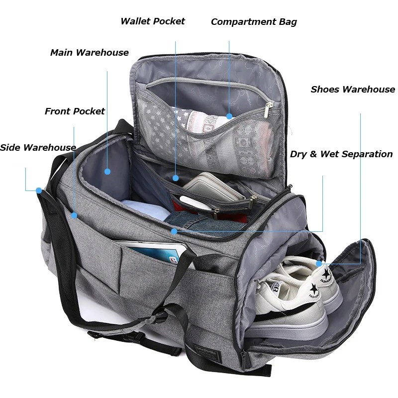 Large Capacity Wet Dry Separation Gym Bag Men Anti-theft Travel Backpack Portable Grey Sports Handbag Yoga Pilates Shoulder Bags