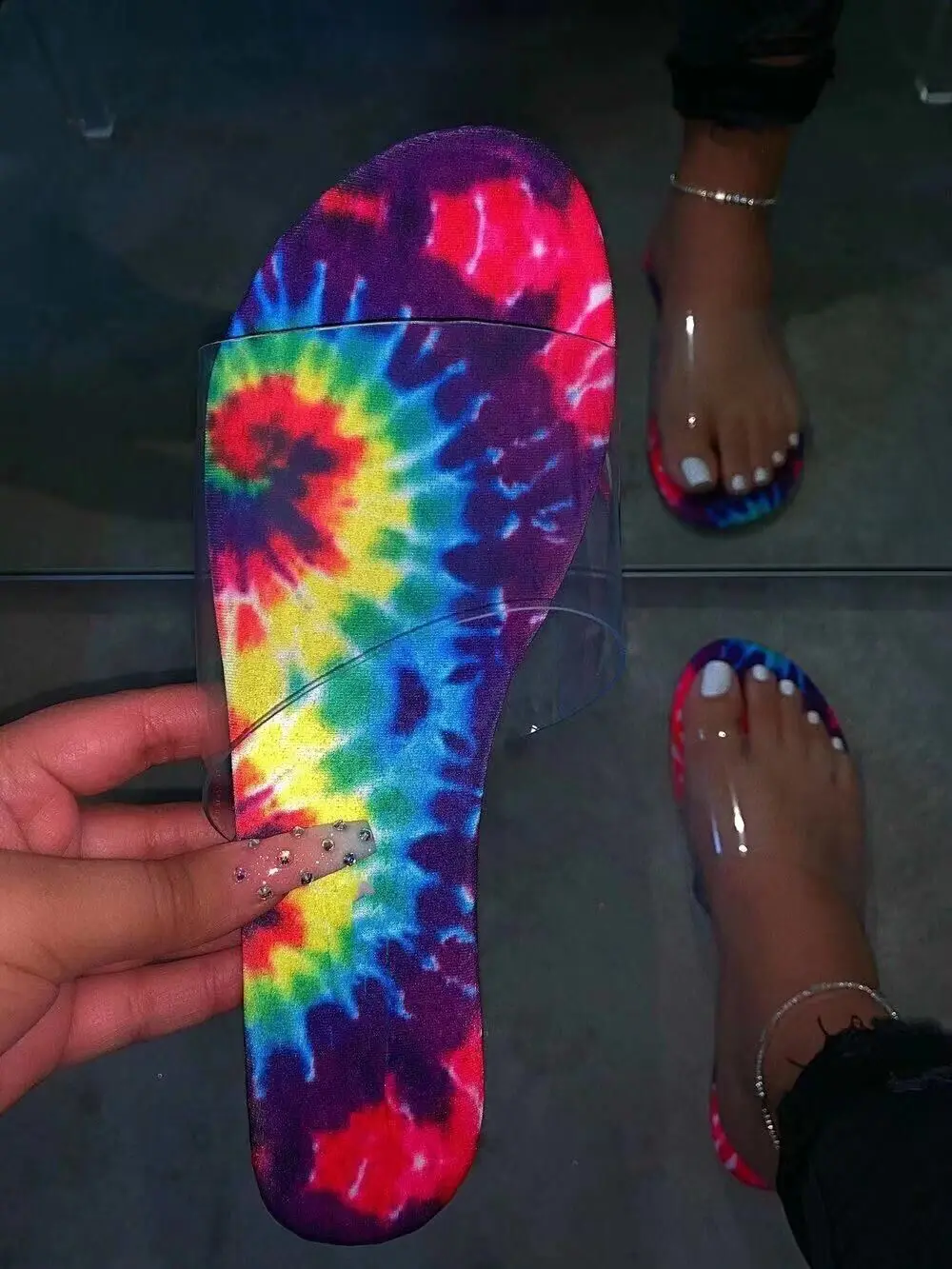 ladies with sandals transparent PVC non-slip slippers MS 2020 new spring/summer star print graffiti beach flip flop outdo | Обувь