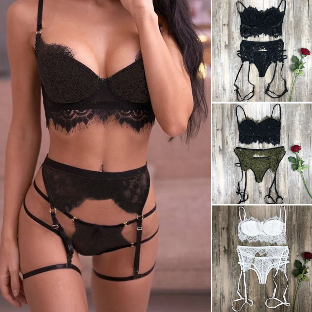 Комплект из 3 предметов, женское сексуальное кружевное белье, Babydoll, открытый бюстгальтер, комплект прозрачного нижнего белья, стринги, нижнее белье, ночное белье, наборы бюстгальтер+ трусы