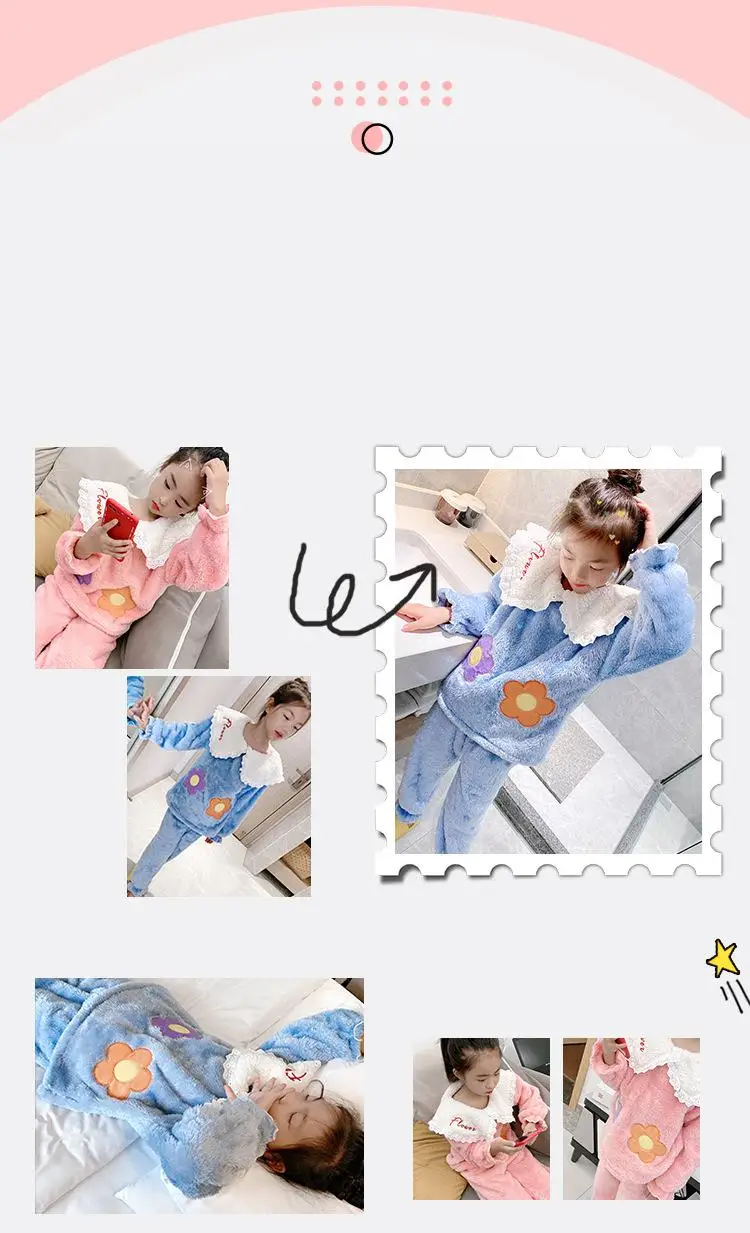 Children's Flannel Pajamas Autumn And Winter Warm Girls Home Wear Clothes Cute Cartoon Pink Baby Girls Sleepwear Kids Clothes pajama sets button up	