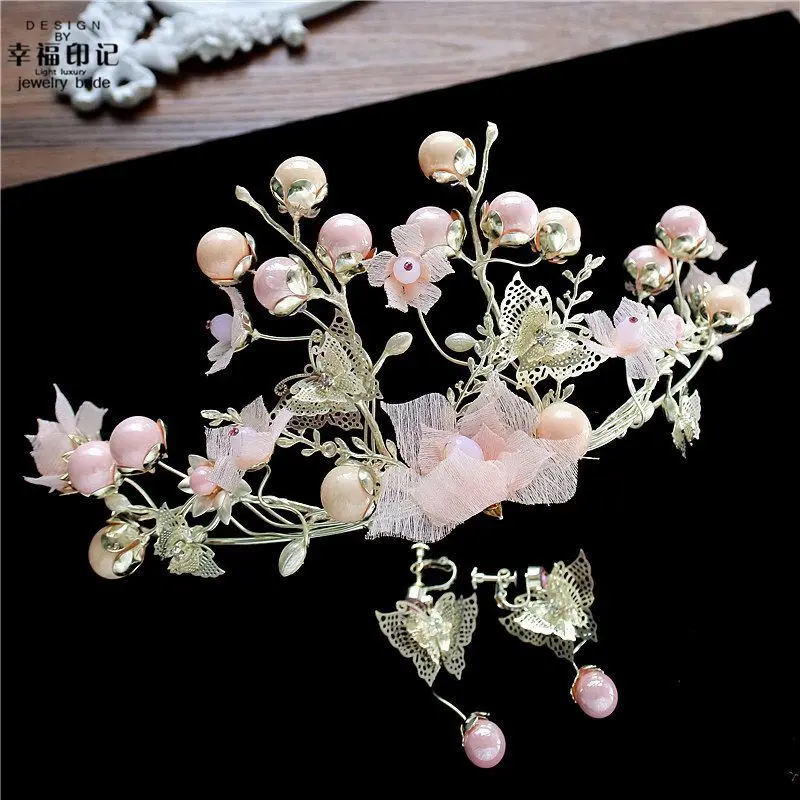 

Special Korean Style Bride Butterfly Large Crown Pink Large Pearl Headdress Flower Hair Accessories Earrings Set Formal Dress Or