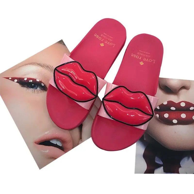 pink Прямая поставка; женские летние шлепанцы; шлепанцы без задника с мягкой подошвой; Милые Пляжные шлепанцы с рисунком губ; босоножки без застежки на платформе; женская обувь; вьетнамки - Цвет: pink
