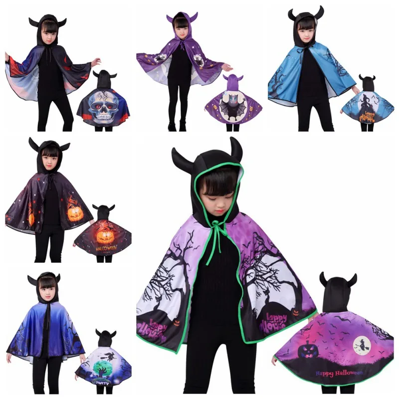 

Halloween Bat Pumpkin Skull Printed Clock for Kids Dress up Cloak Children Magic Witch Cloak Halloween Party Costume Accessories